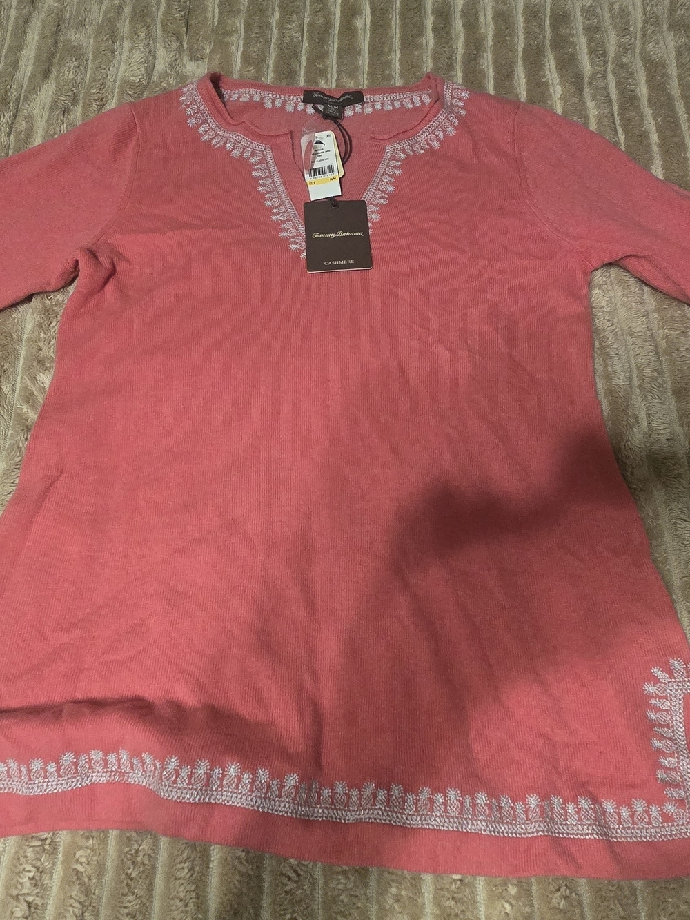 Tommy Bahama Coral Long Sleeve Shirt with White Embroidered Trim